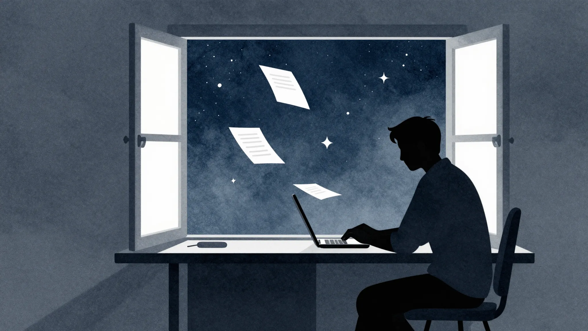 Watercolor style. Silhouette of a writer at a desk, flying p...