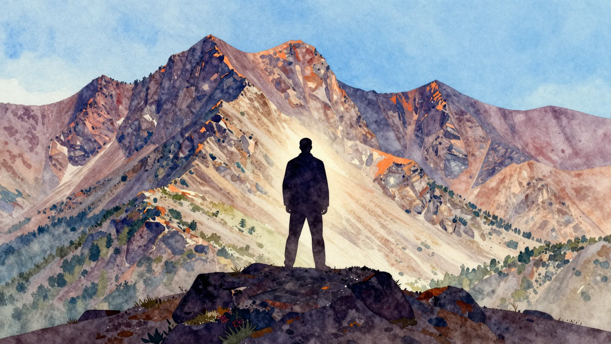 Vibrant watercolor style. Rock album cover. A majestic, rugg...