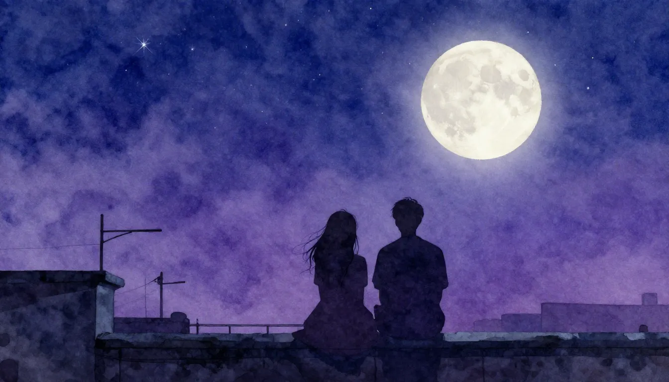 Watercolor style. Silhouette of a couple sitting on a roofto...