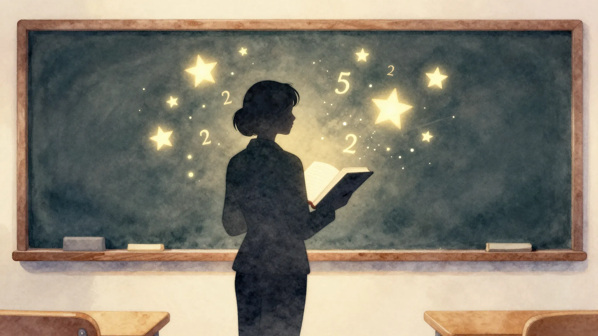 Watercolor style. A silhouette of a teacher standing in fron...