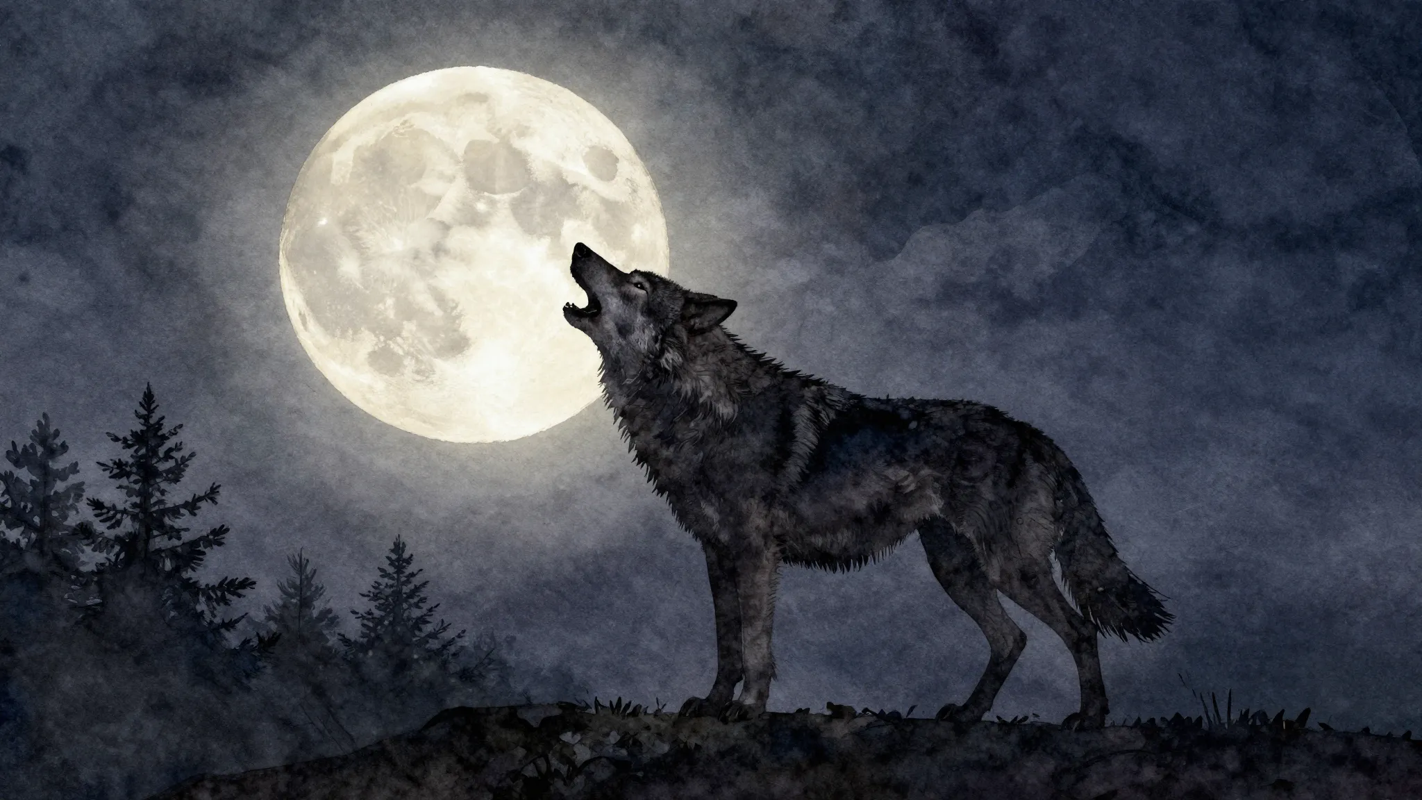 Watercolor style. A silhouette of a lone wolf howling at a f...