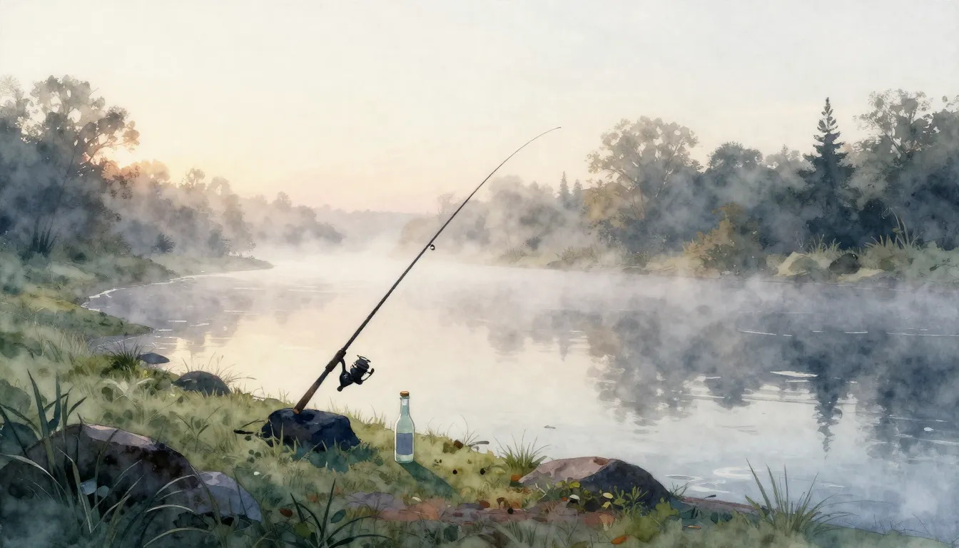 Watercolor style. A misty river bank at dawn, silhouette of ...