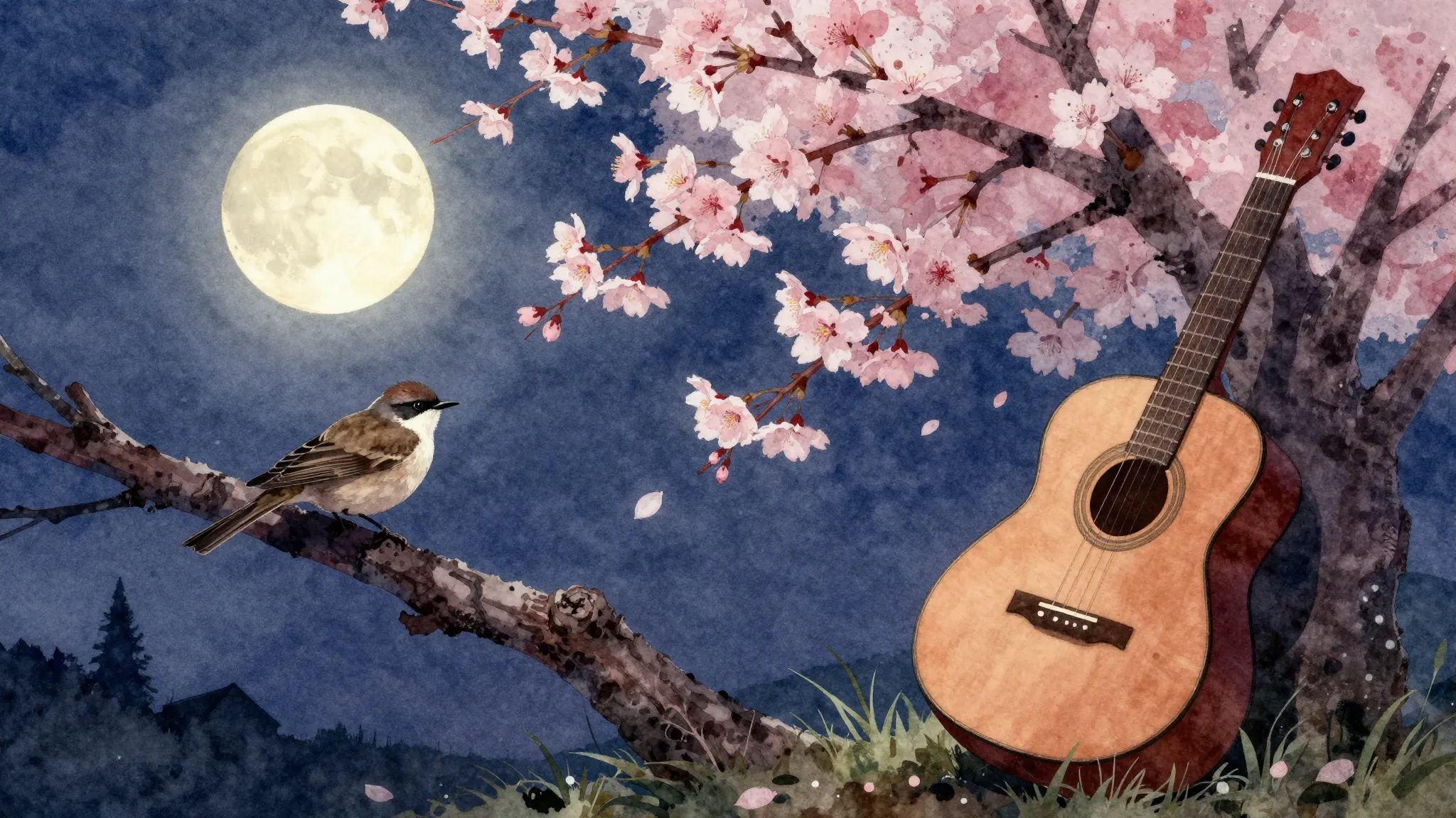 Vibrant watercolor style. Folk song cover art: nightingale, ...