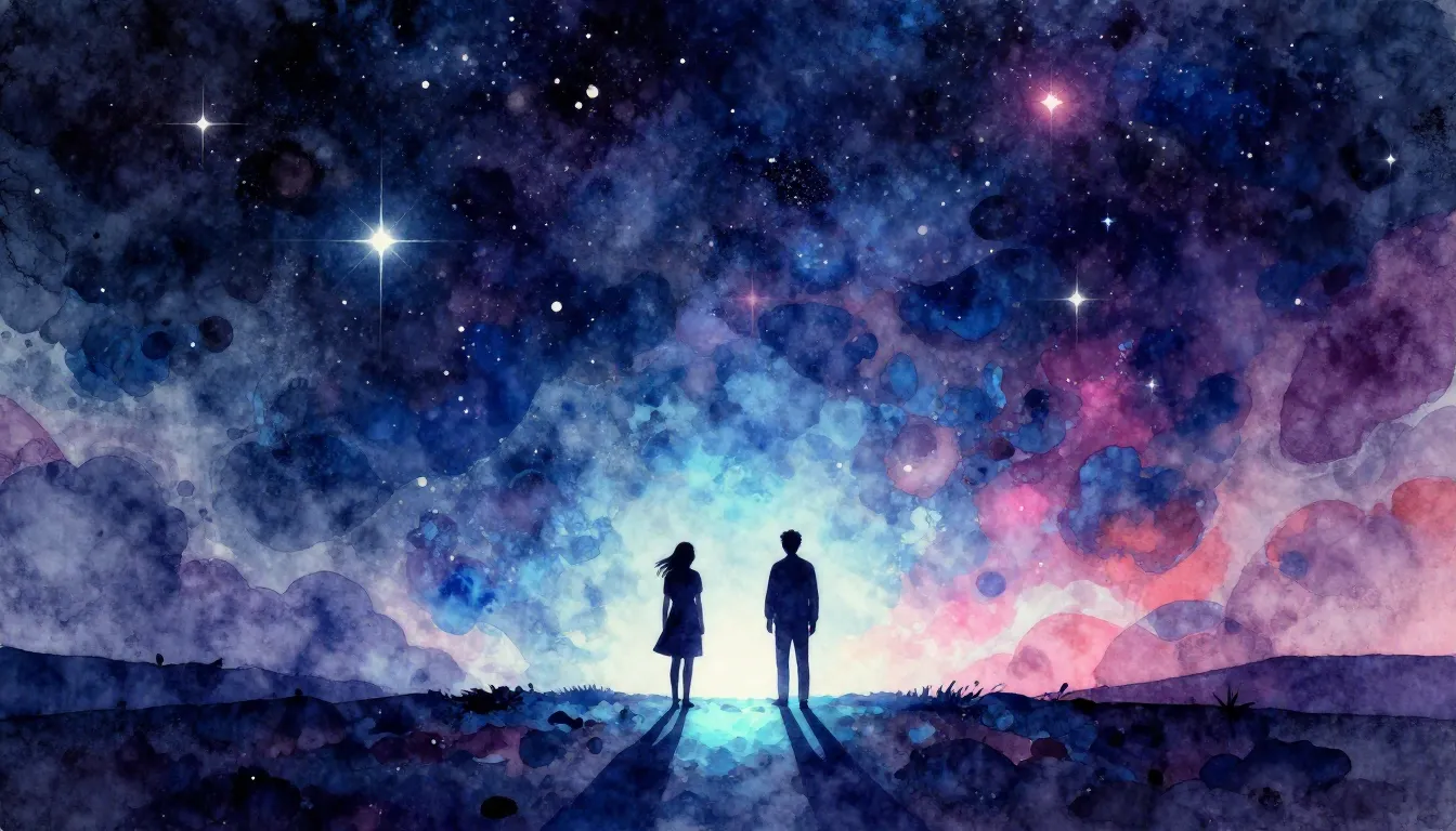 Watercolor style. A silhouette of two people standing far ap...