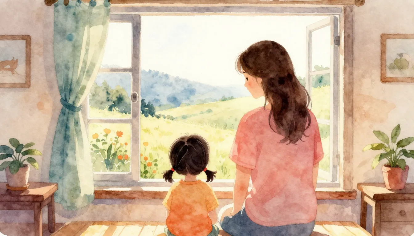 Vibrant watercolor style. A warm, comforting image of a cozy...