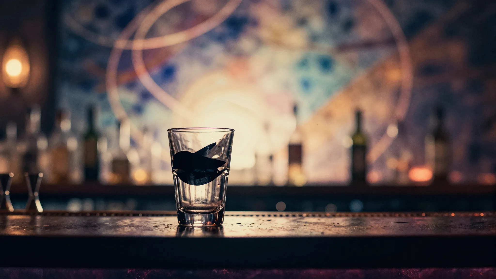 Watercolor style. Silhouette of a glass on a bar counter, ab...