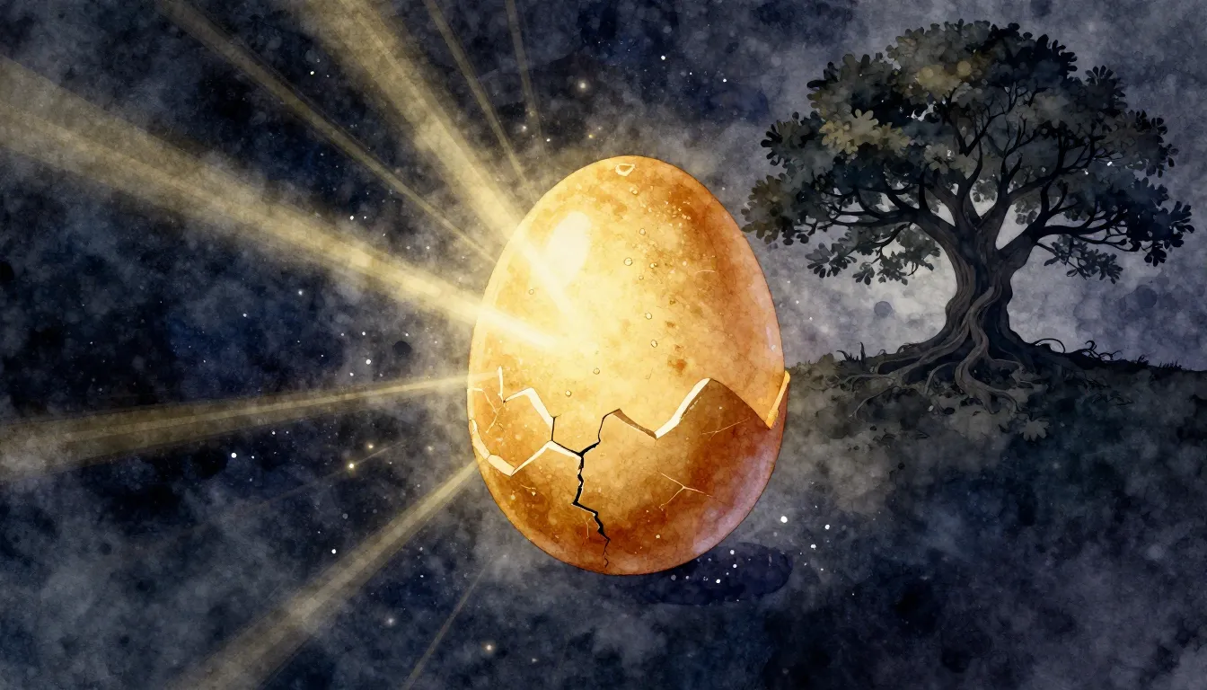 Watercolor style. Golden egg floating in dark cosmic void, c...