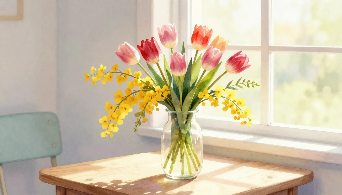 Watercolor style. Bright spring flowers, tulips and mimosas ...