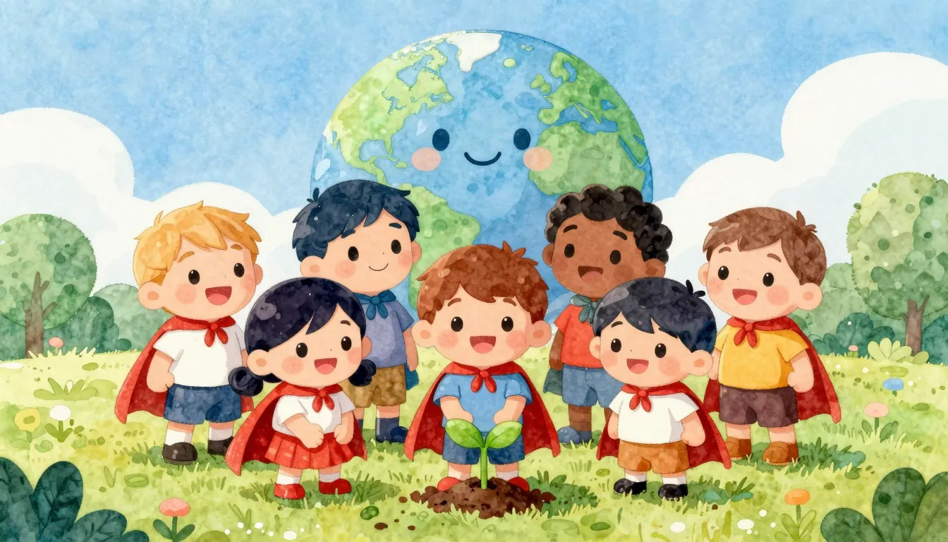 Watercolor style. A group of cheerful, diverse cartoon kids ...