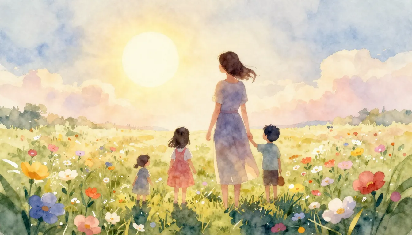 Watercolor style. A silhouette of a mother and three childre...