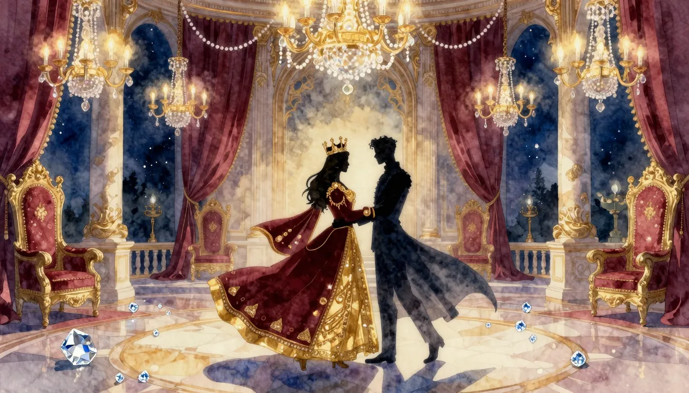 Vibrant watercolor style. A majestic throne room at night, i...