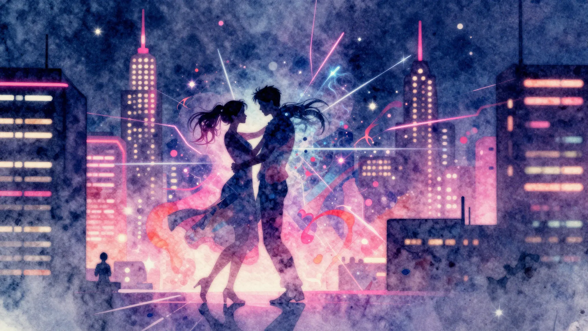 Vibrant watercolor style. Neon city night, pulsing lights, a...