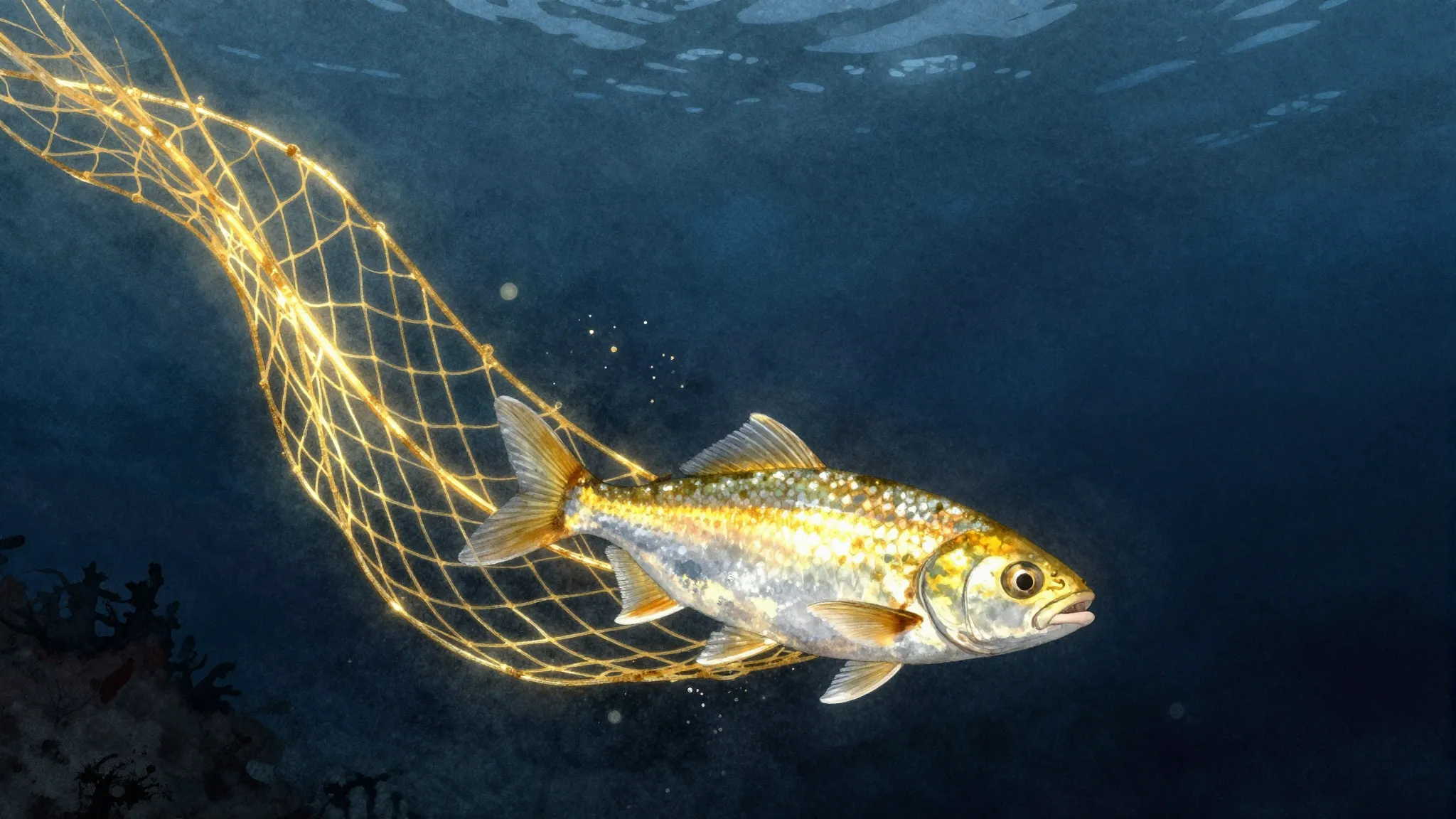 Watercolor style. A glowing golden net in the dark ocean wat...