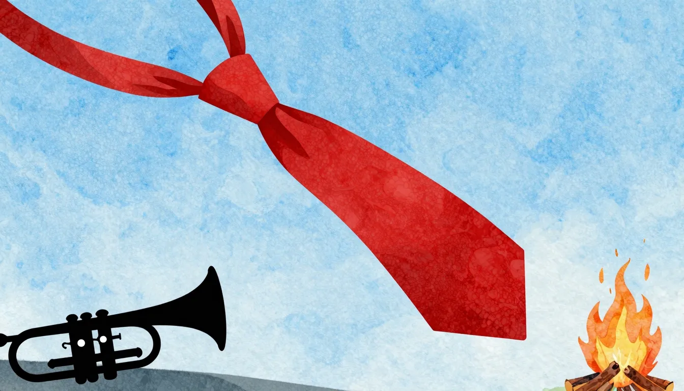 Watercolor style. A bright red tie fluttering in the wind ag...