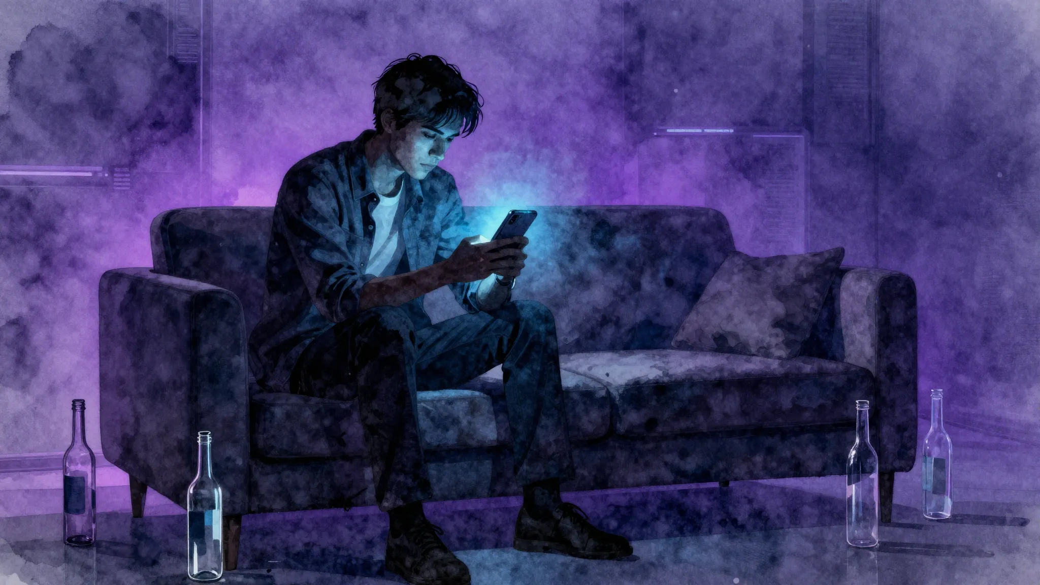 Watercolor style. Dark room silhouette of a man sitting on a...