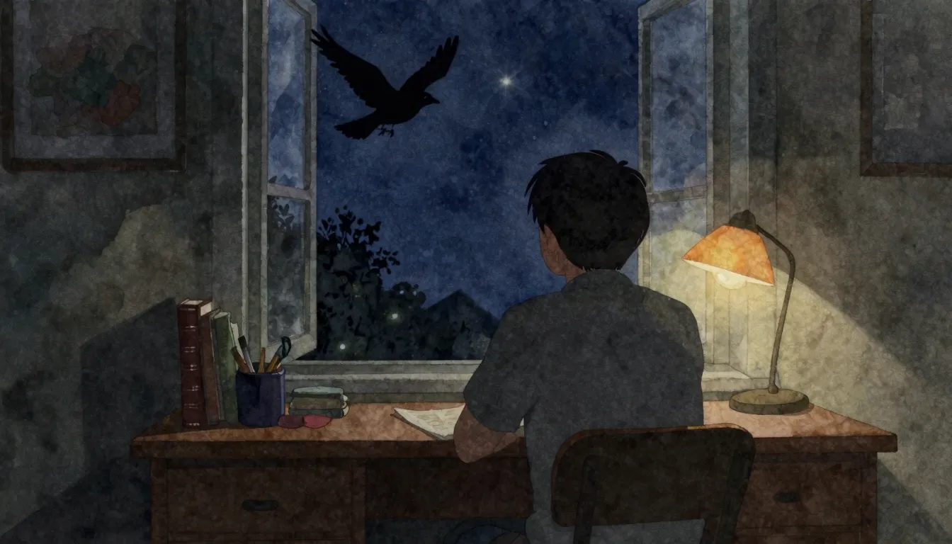 Watercolor style. A silhouette of a person sitting at a desk...