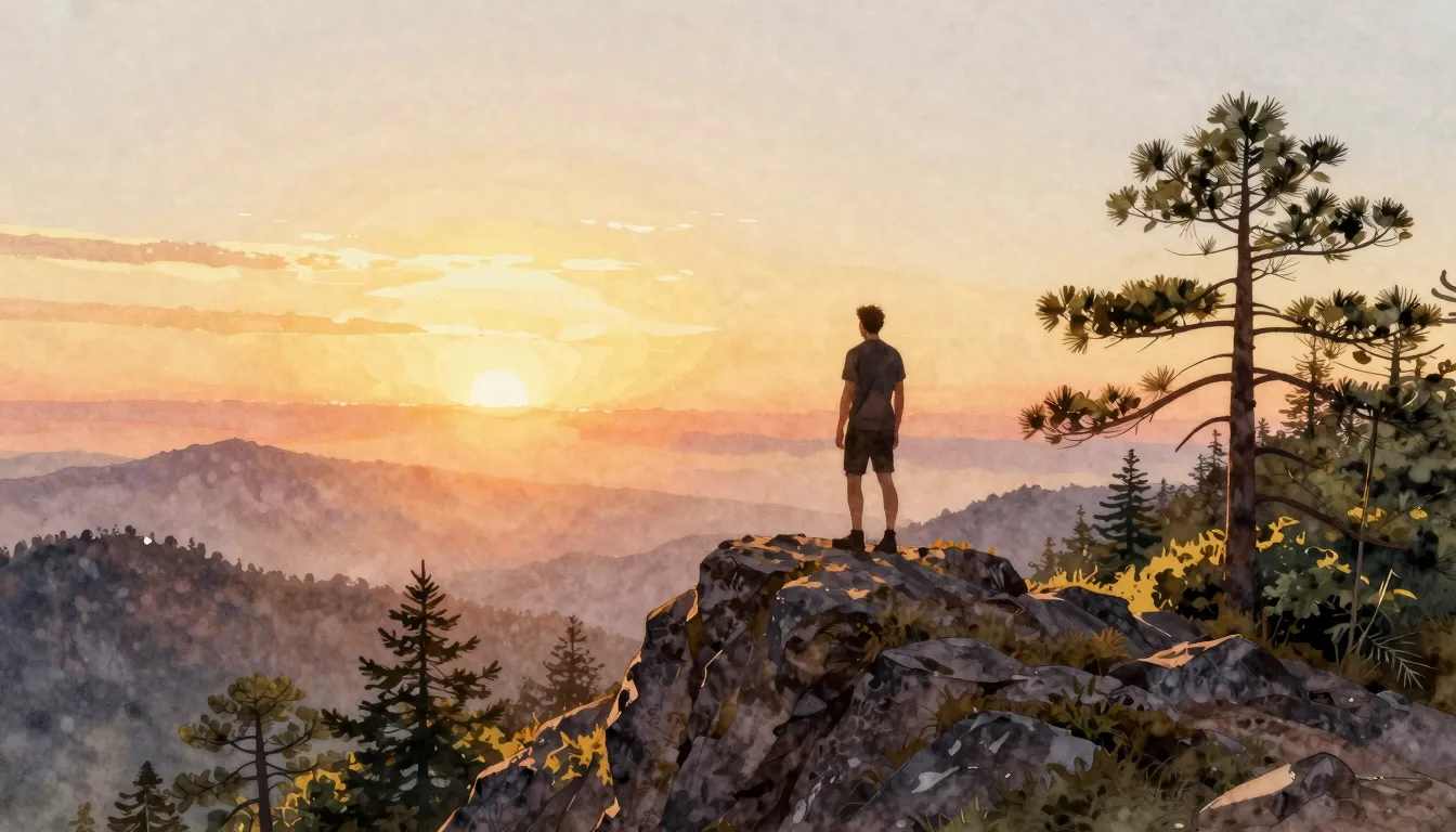 Watercolor style. Silhouette of a man standing on a mountain...