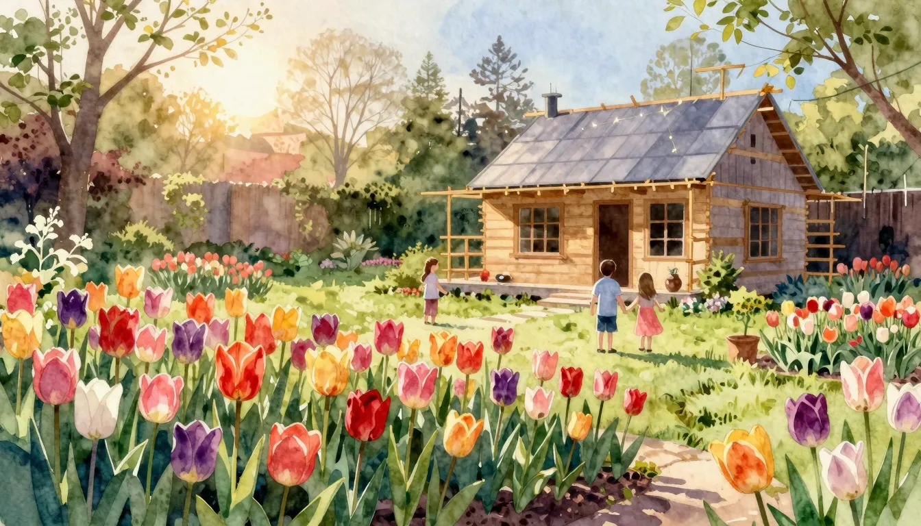 Watercolor style. A beautiful garden with hundreds of bloomi...