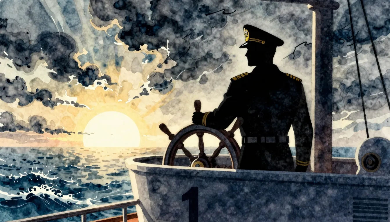Watercolor style. A powerful silhouette of a ship's captain ...