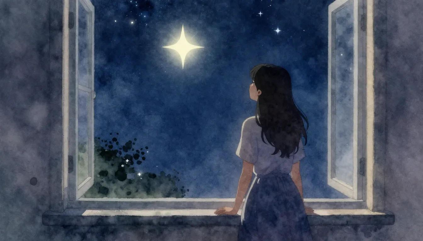 Watercolor style. A silhouette of a woman standing by a wind...