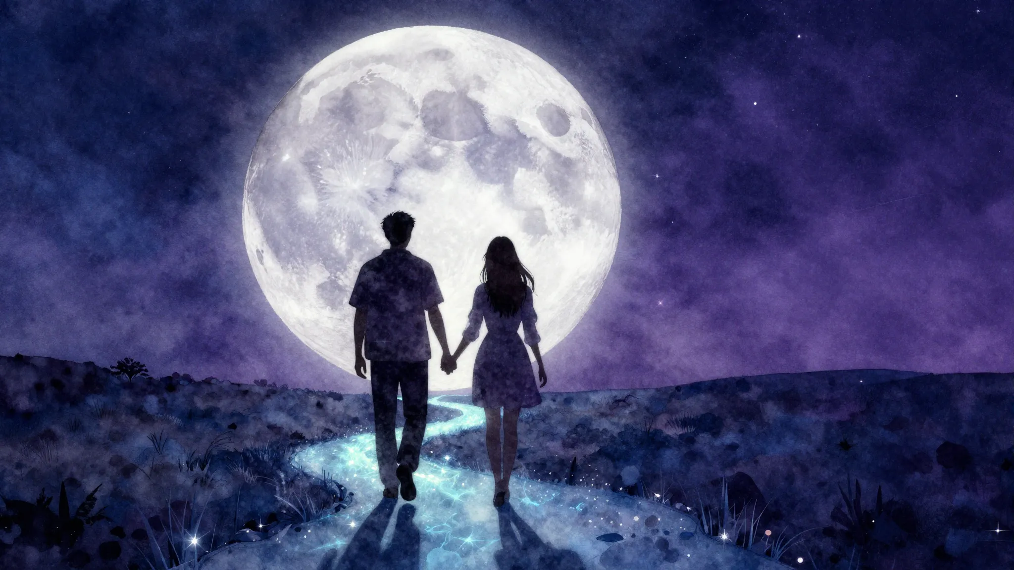 Watercolor style. Two silhouettes walking on a glowing path ...