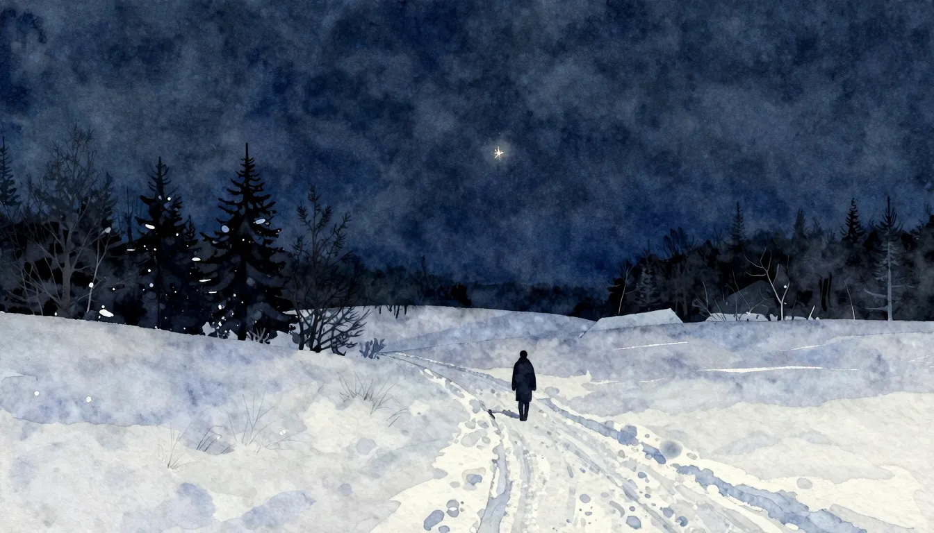 Watercolor style. A dark winter landscape with a tiny glowin...