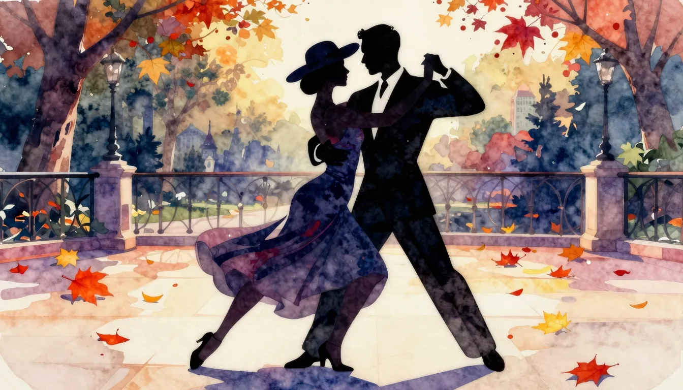 Watercolor style. A silhouette of an elegant couple dancing ...