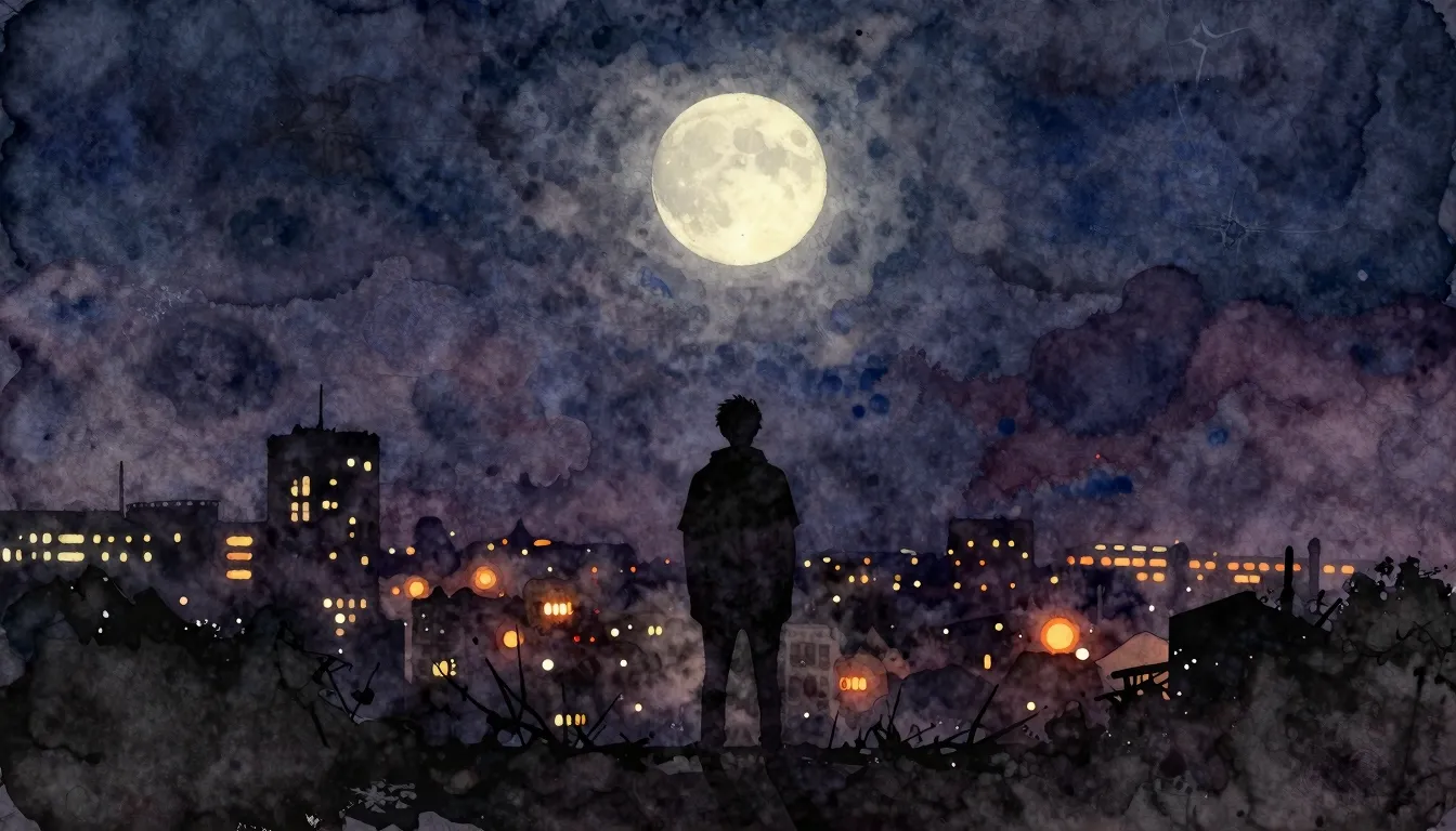 Vibrant watercolor style. Grunge rock album cover. Distant c...