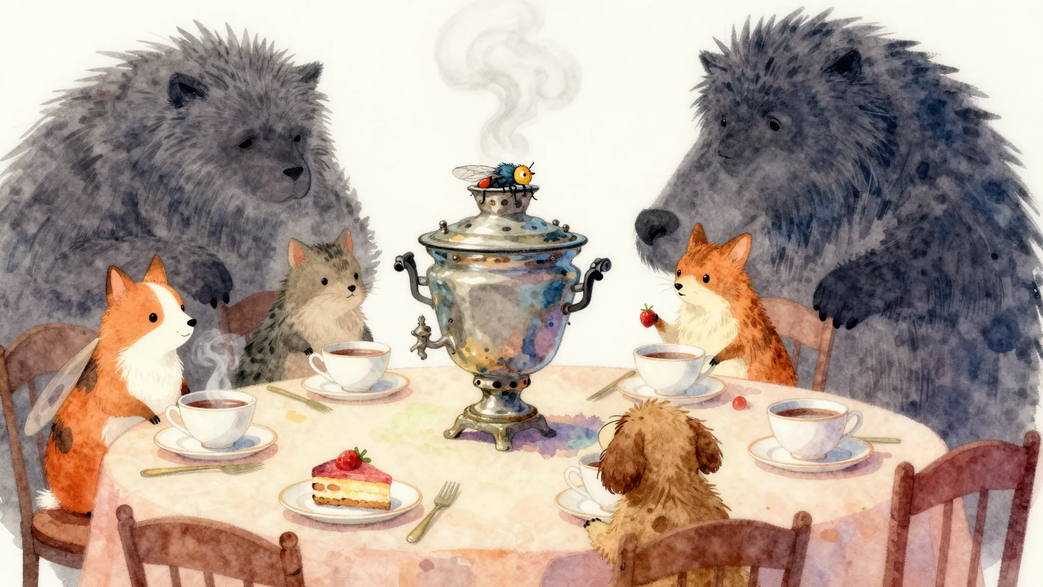 Vibrant watercolor style. A cheerful fly hosting a tea party...