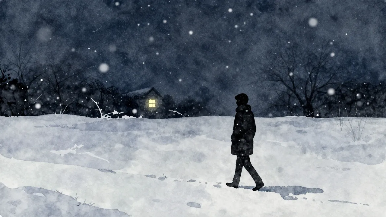 Watercolor style. A lonely silhouette of a person walking th...