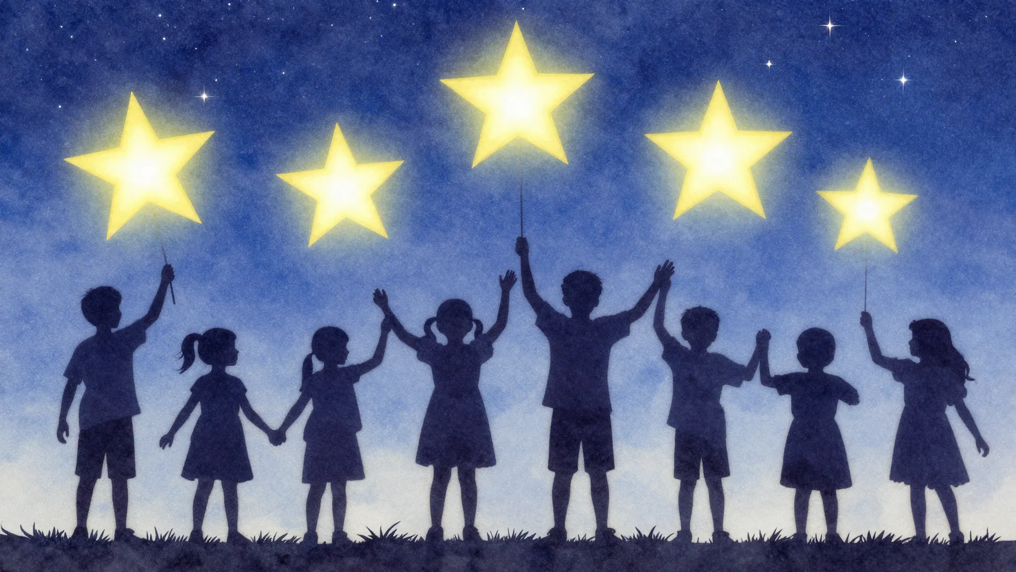 Watercolor style. Silhouettes of children and adults standin...
