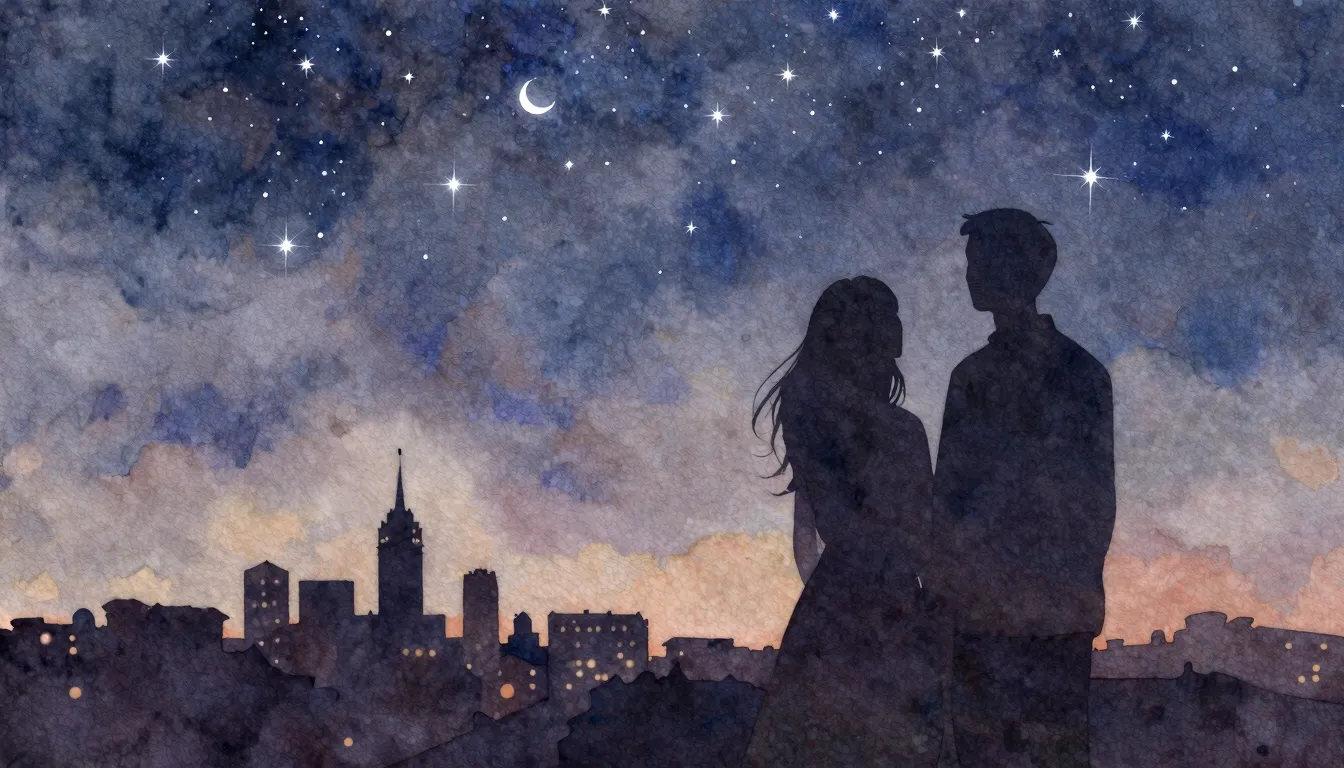 Watercolor style. A silhouette of a couple standing close, l...