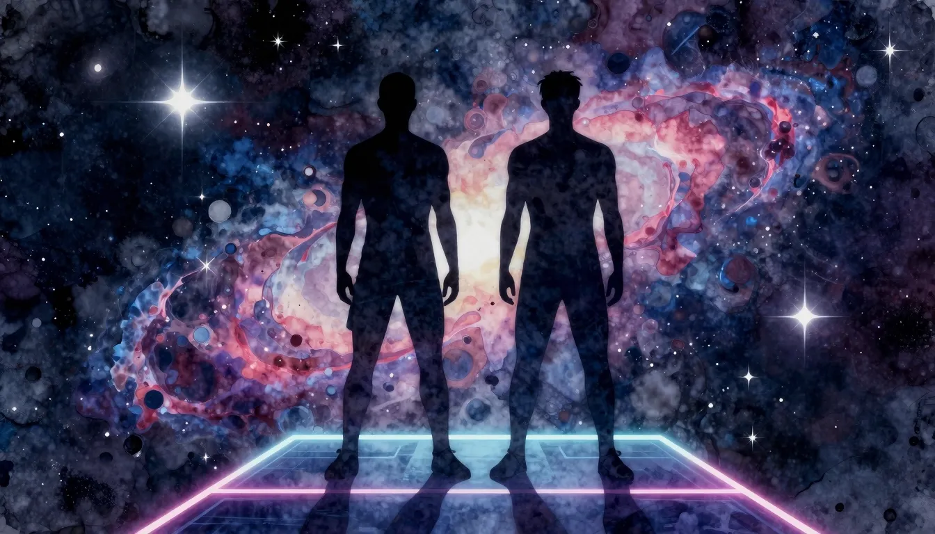 Watercolor style. Two dark silhouettes standing on a glowing...