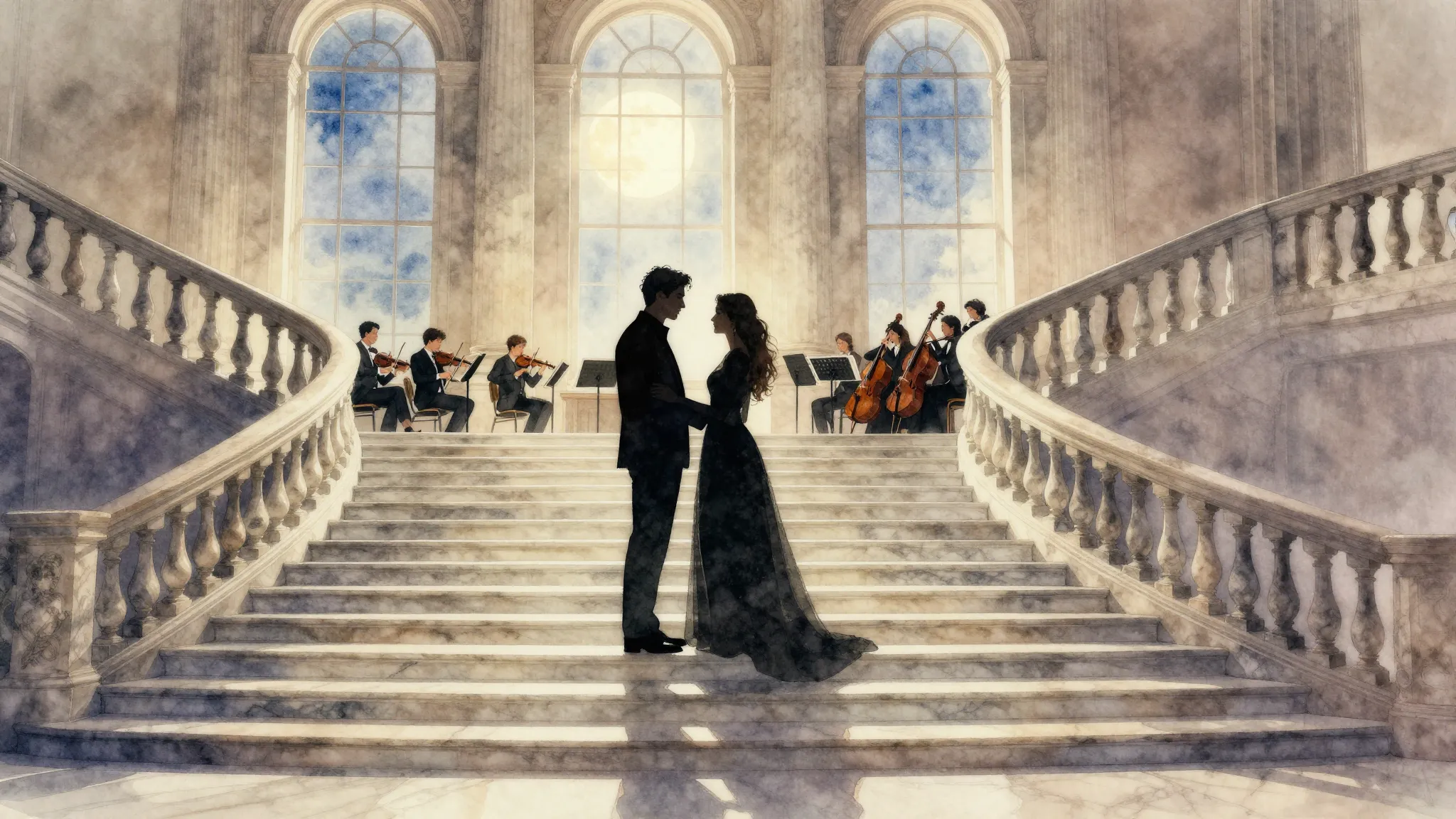 Watercolor style. Silhouette of a couple on a grand marble s...
