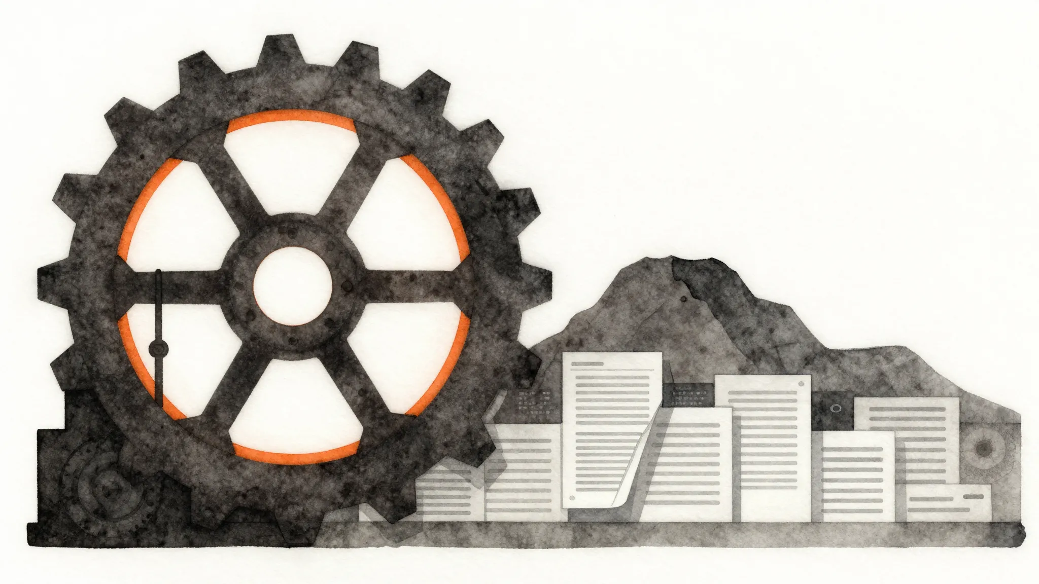 Watercolor style. A silhouette of a giant industrial gear an...