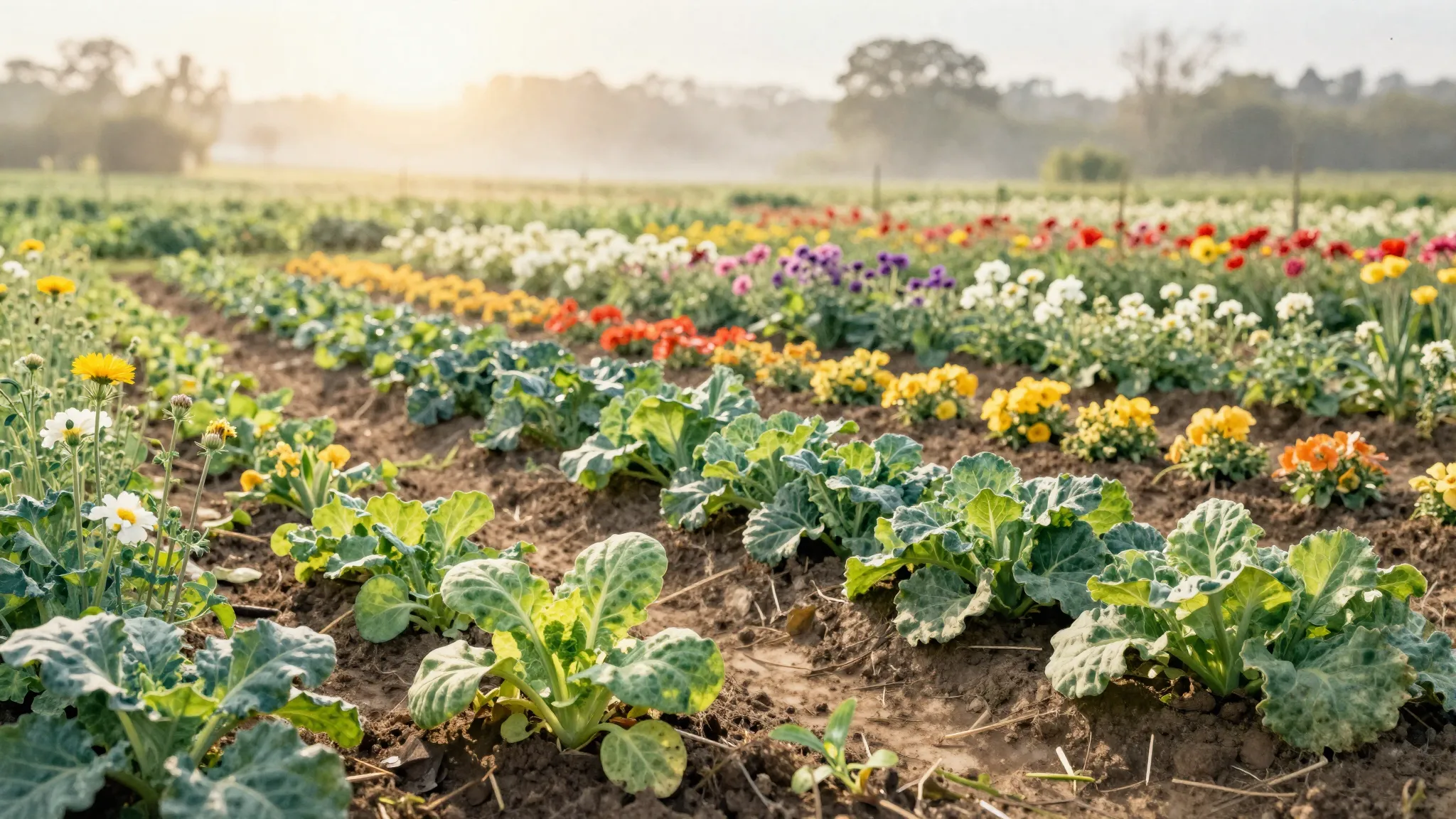 Watercolor style. A sun-drenched organic farm landscape with...