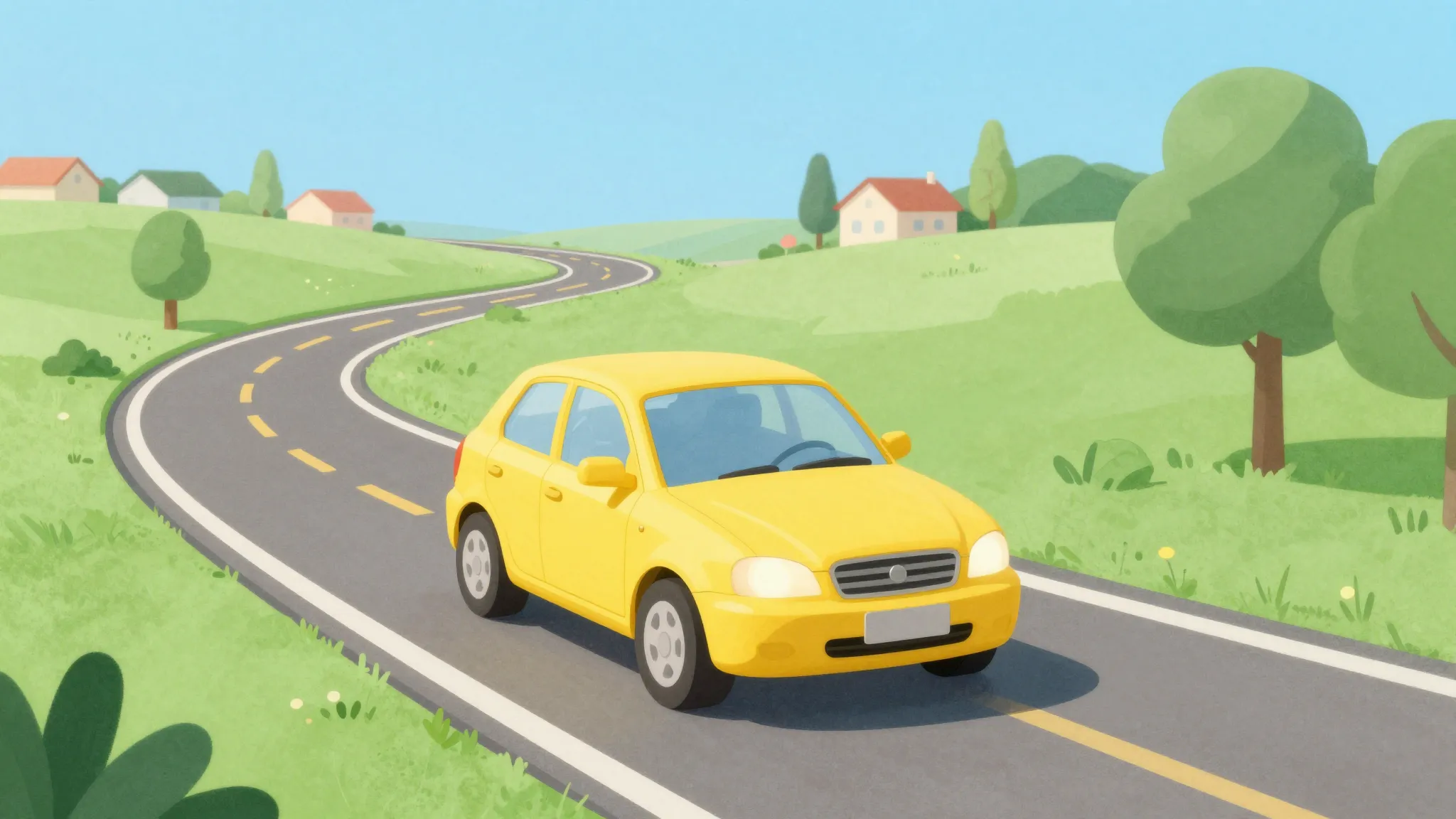 Watercolor style. A bright yellow stylized car driving on a ...