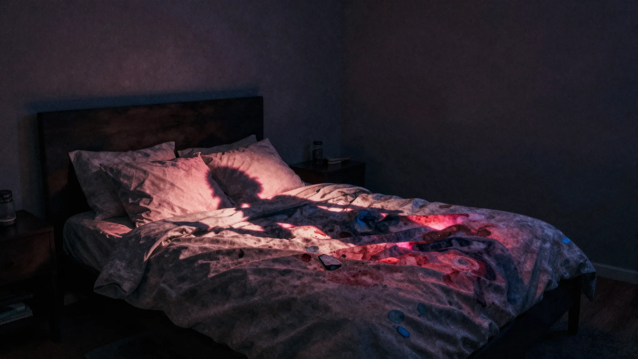 Watercolor style. Dark bedroom silhouette, neon lights, mess...
