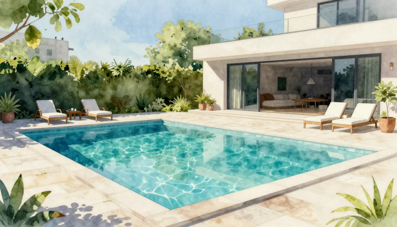 Watercolor style. A stunning modern backyard swimming pool w...