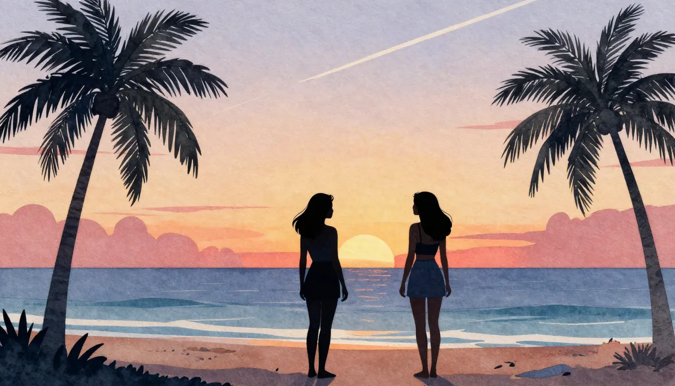 Watercolor style. Silhouettes of two female friends on a tro...