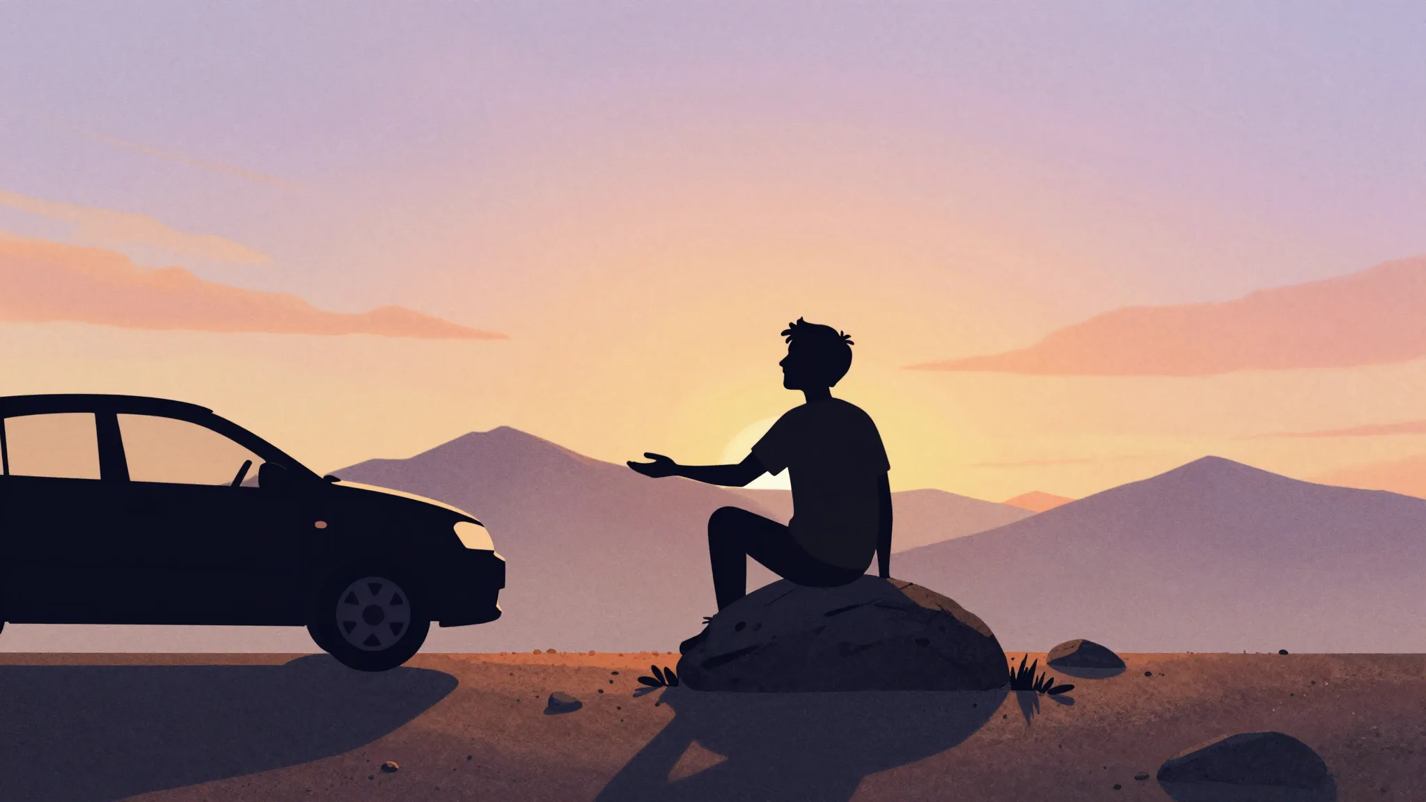 Watercolor style. Silhouette of a funny man sitting on a roc...