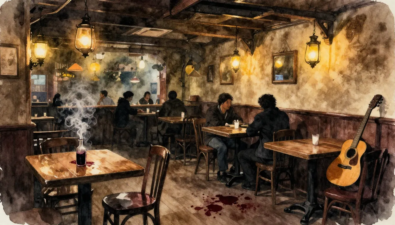 Watercolor style. A dimly lit vintage tavern interior, woode...