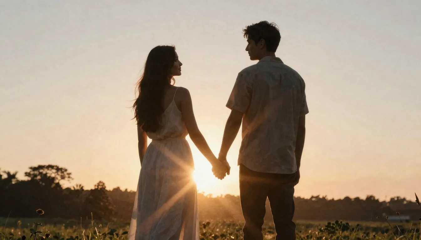 Watercolor style. Silhouette of a couple holding hands at su...