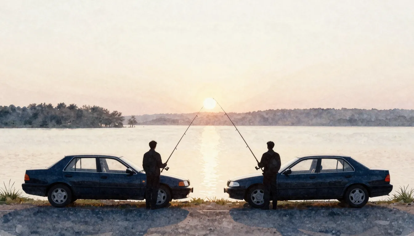 Watercolor style. Two silhouettes of men standing by two ide...