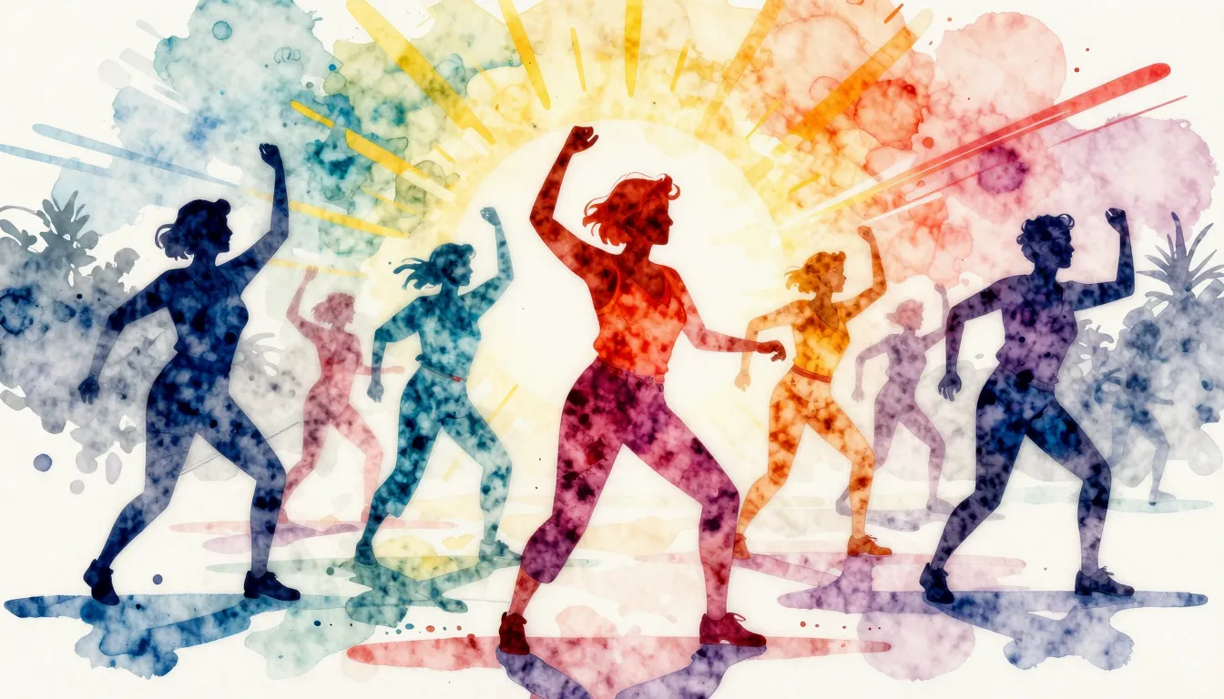Vibrant watercolor style. Dynamic dance music album cover. E...
