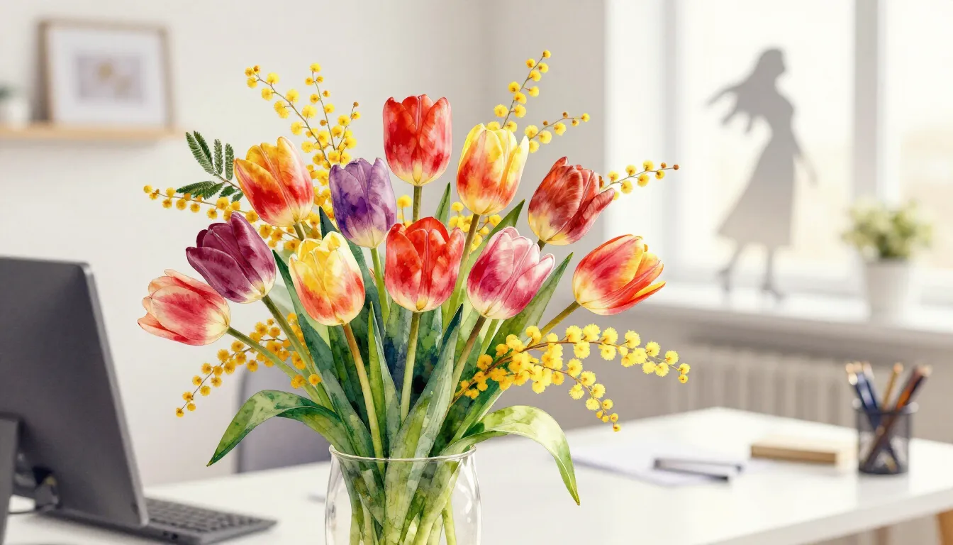 Watercolor style. Spring bouquet of bright tulips and mimosa...