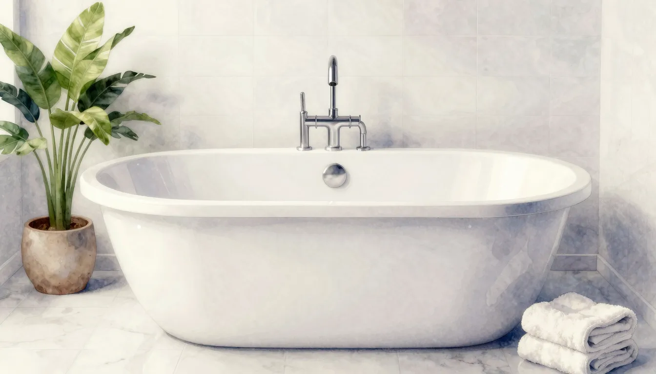 Watercolor style. A sparkling clean white bathtub in a brigh...