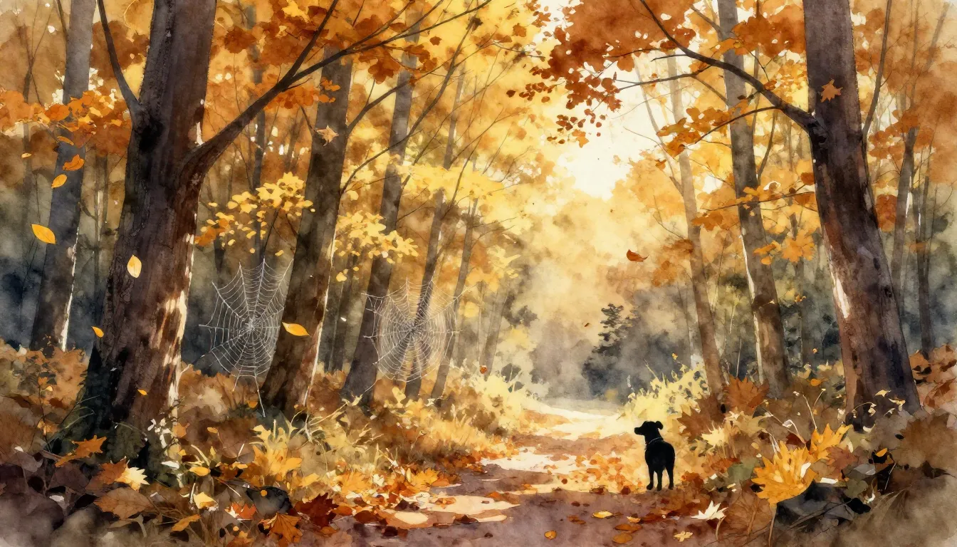 Watercolor style. Autumn forest with golden leaves falling, ...