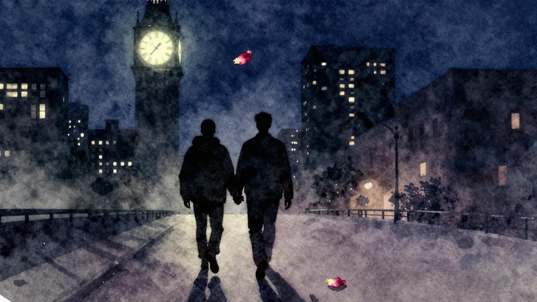 Vibrant watercolor style. Hip-hop album cover. Dark, cold ci...