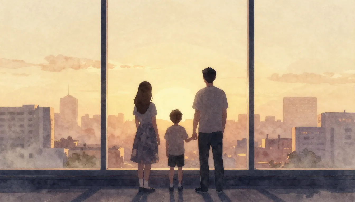 Watercolor style. A silhouette of a family of three standing...